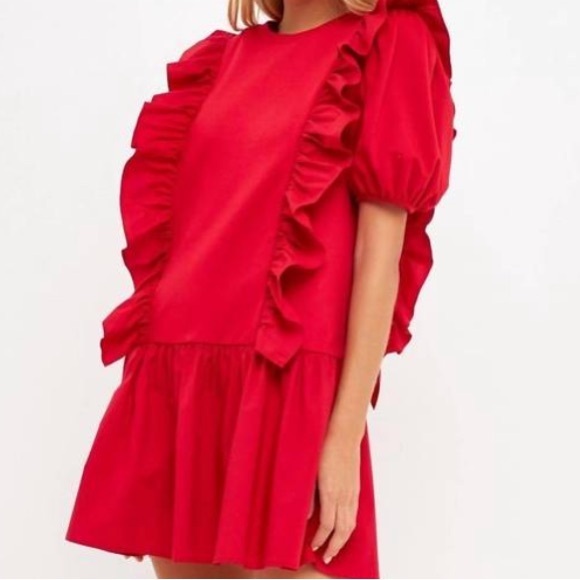 English Factory Cherry Red Mixed Media with Ruffles Puff Sleeve Mini Dress Sz XS - Picture 7 of 9